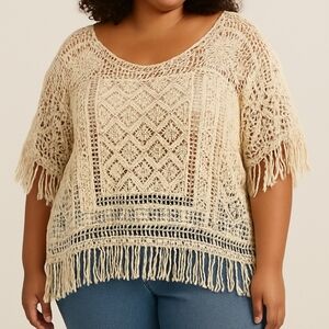 Raffaella Cream Crochet Fringe Top Size 3X